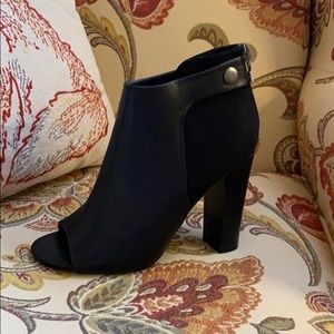 Black faux suede and leather peep toe booties